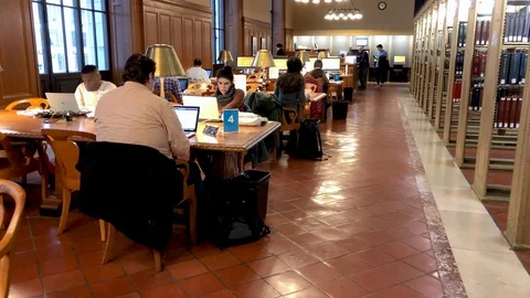 NEW YORK CITY - DECEMBER 2018: Students in the reading room of Public Library. Stock Footage