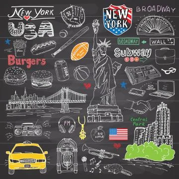 New York city doodles elements collection. Hand drawn set with, taxi, coffee, Illustrazione stock