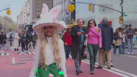 New York City Easter Parade and Bonnet Festival 2024 is opens on Fifth Avenue Stock Footage 282423242