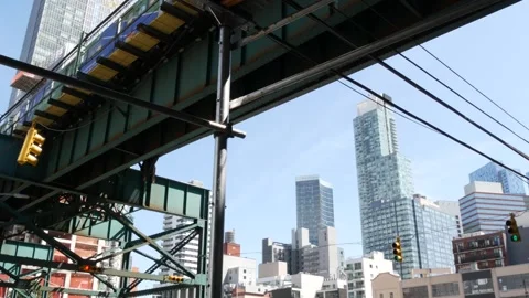New York City elevated subway, metropolitan bridge, metro train track above Stock Footage 286076958
