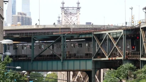 New York City elevated subway, metropolitan bridge, metro train track above Stock Footage 287945321