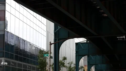 New York City elevated subway, metropolitan bridge, metro train track above Stock Footage 287946496