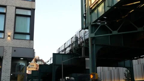New York City elevated subway, metropolitan bridge, metro train track above Stock Footage 290292930