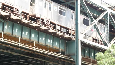 New York City elevated subway, metropolitan bridge, metro train track above Stock Footage 293273535