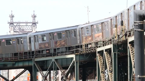 New York City elevated subway, metropolitan bridge, metro train track above Stock Footage 293274953