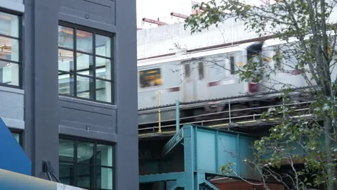 New York City elevated subway, metropolitan bridge, metro train track above Stock Footage 305691146