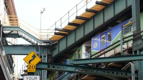 New York City elevated subway, metropolitan bridge, metro train track above Stock Footage 307167322