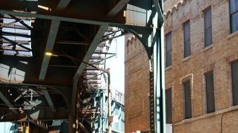 New York City elevated subway, metropolitan bridge, metro train track above Stock Footage 307167396