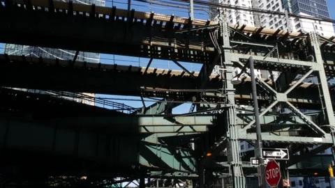 New York City elevated subway, metropolitan bridge, metro train track above Stock Footage 310089057