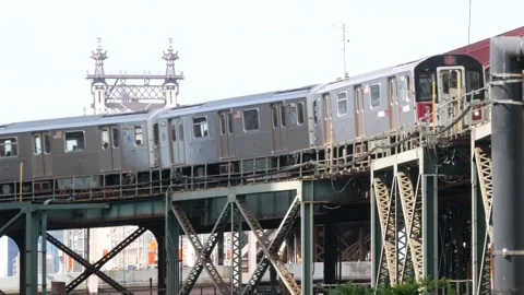 New York City elevated subway, metropolitan bridge, metro train track above Stock Footage 310091180