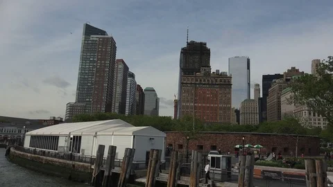 New York City financial district seen from Battery Park Stock Footage