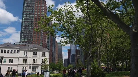 New York City financial district seen from Battery Park Stock Footage