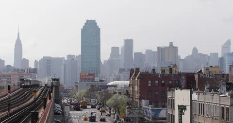 New York City Iconic Skyline View from Queens Subway Train Mass Transportation Video stock 95003853