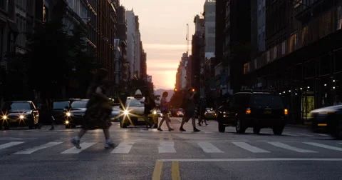 New York City intersection at sunset - 4k Stock Footage 67352380