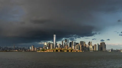 New York City Lower Manhattan skyscrapers and rain storm Stock Footage