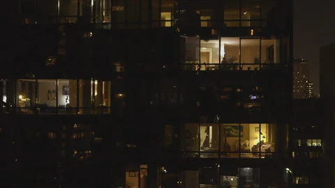 New York City Manhattan midtown buildings skyline aerial dolly night moving Stock Footage