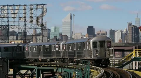New York City Manhattan skyline midtown and subway train Stock Footage