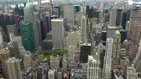 New York City Manhattan skyline buildings wide shot from the top Stock Footage