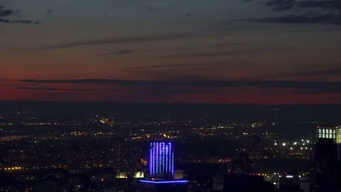 New York City Manhattan skyline skyscrapers wide shot from the top in dusk Stock Footage