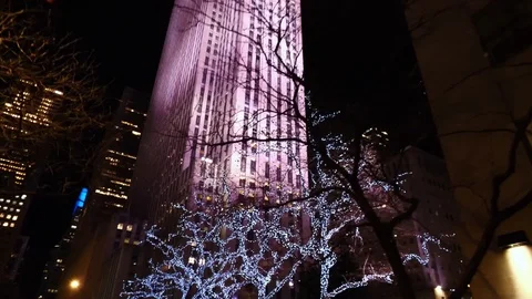 New York City Manhattan street view at night near Rockefeller center Christmas Stock Footage