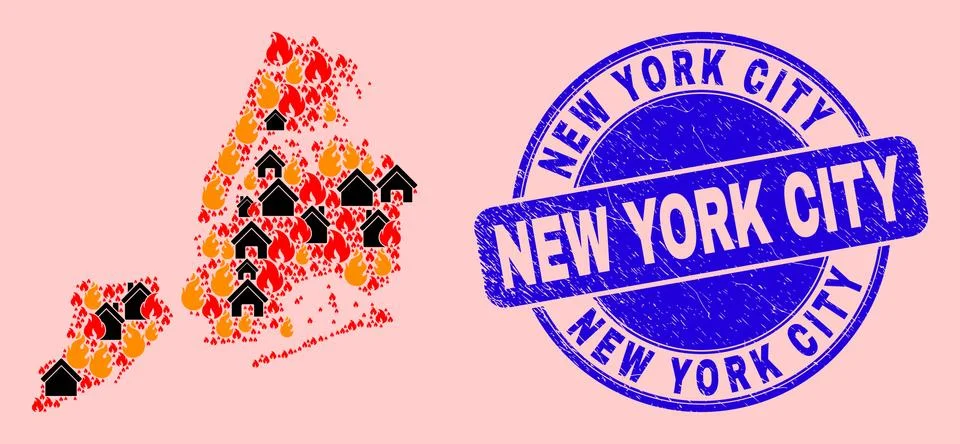 New York City Map Composition of Flame and Buildings and Textured New York City Ilustración de archivo