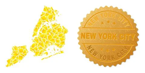 New York City Map Mosaic of Golden Elements and Metallic New York City Badge Stock Illustration