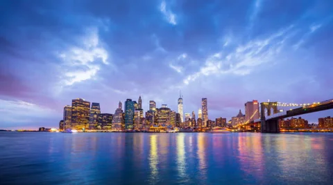 New York City night skyline reflected in water. NYC. Timelapse. Stock Footage
