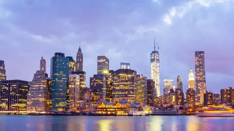 New York City night skyline reflected in water. NYC downtown. Timelapse. Stock Footage