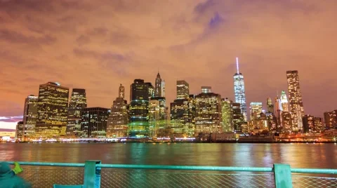 New York City night skyline reflected in water. 4K UHD timelapse (hyperlapse). Stock Footage