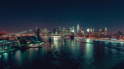 New York City Night Time Lapse Cinemagraph of the Skyline and Brooklyn Bridge Stock Footage
