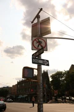 New York City One Way No Pedestrian Crossing Sign Pole Stock Photos