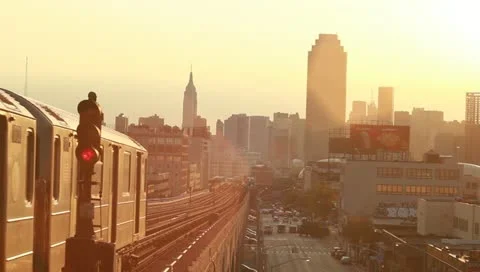 New York City Skyline 7 train go by medium Stock Footage