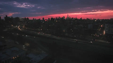New York City Skyline Red Sunset Stock Footage