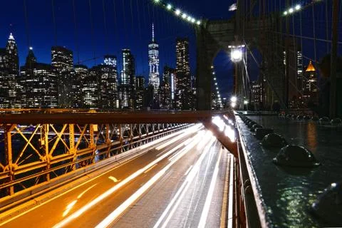 New York City skyline view from the Brooklyn Bridge at night, Manhattan skyline Stock Photos