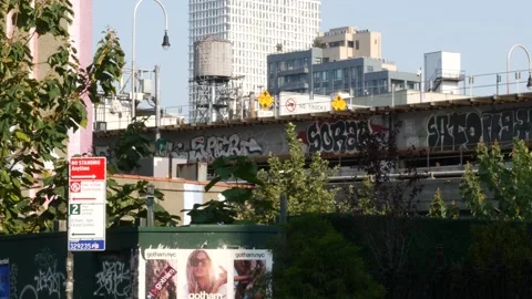 New York City, USA. Elevated subway in Williamsburg, metropolitan train on Stock Footage 340910787
