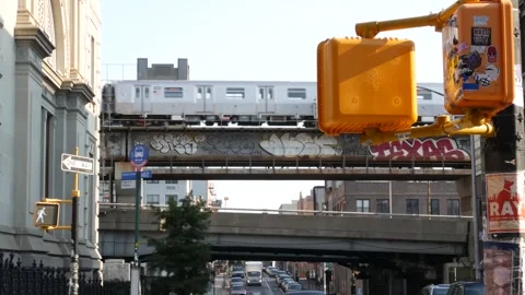 New York City, USA. Elevated subway in Williamsburg, metropolitan train on Stock Footage 341660341