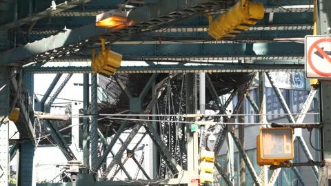 New York elevated subway, metropolitan bridge, metro track above street. Railway Stock Footage 285371393