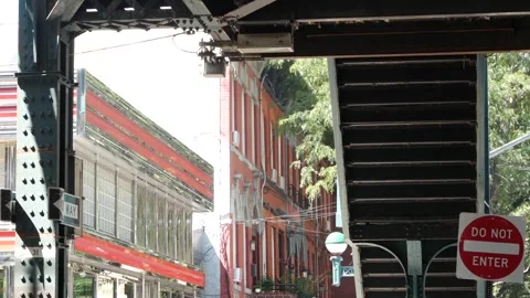 New York elevated subway, metropolitan bridge, metro track above street. Railway Stock Footage 294162047