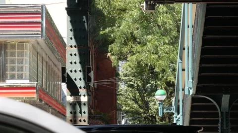 New York elevated subway, metropolitan bridge, metro track above street. Railway Stock Footage 296680793