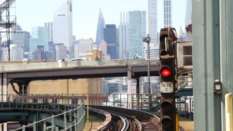 New York elevated subway, metropolitan bridge, metro track above street. Railway Stock Footage 311799347