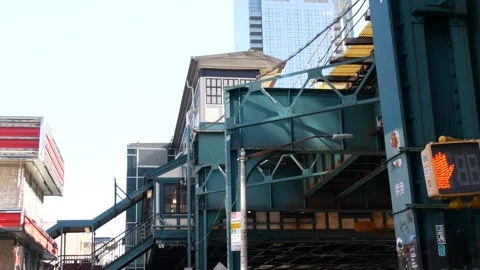 New York elevated subway, metropolitan bridge, metro track above street. Railway Stock Footage 315012525