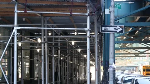New York elevated subway, metropolitan bridge, metro track above street. Railway Stock Footage 317524008