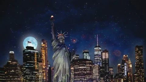 New York Manhattan Skyline  Fireworks Celebration 4th Of July Independence Day Stock Footage