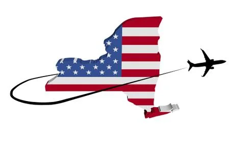 New York map flag with plane silhouette and swoosh 3d illustration Stock Illustration