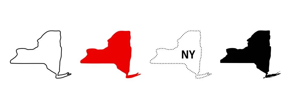 New York map icon set. State outline, red fill, dotted NY label sign and bl.. Stock Illustration