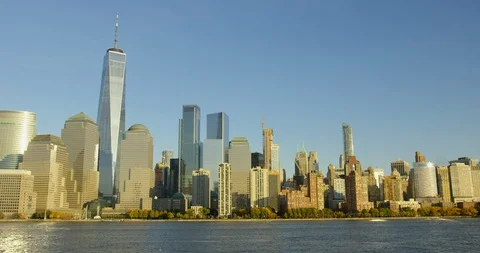 New York Massive Impressive Skyscrapers And Iconic World Trade Centre On River  Stock Footage 112201418
