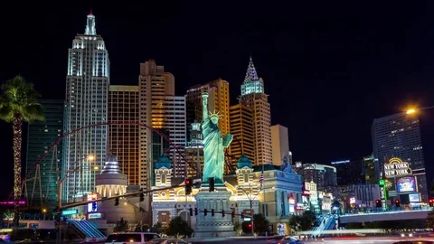 New York New York Las Vegas and The Strip at Night Hyperlapse Видео