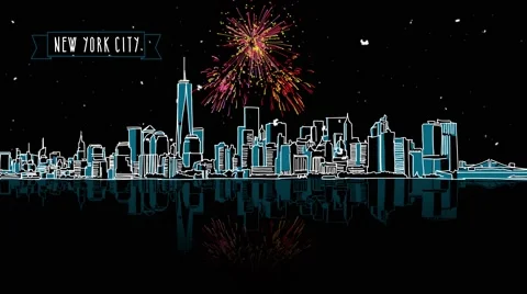 New York by Night with Firework Intro Animation Stock Footage 68560801