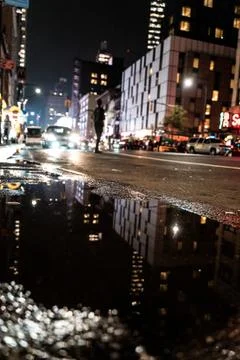 New york night street light wet mirror Stock Photos