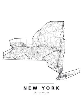 New York NY Map Counties Highways Roads Black White Editable Vector Stock Illustration